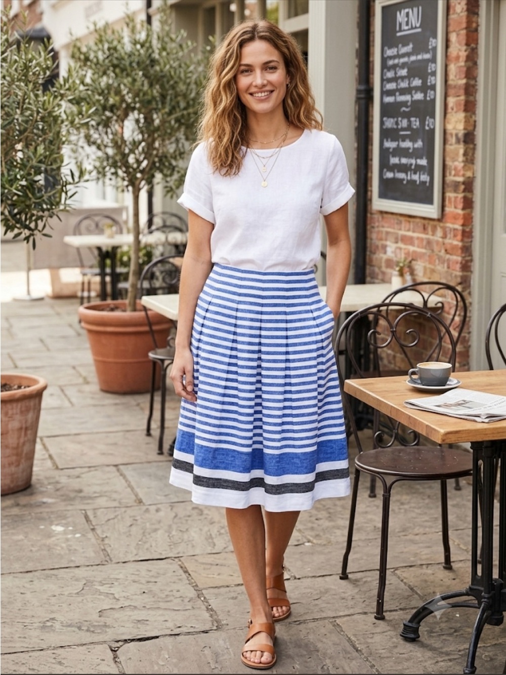 Talbots Blue, White and Black Striped Pleated A-Line Skirt size 0